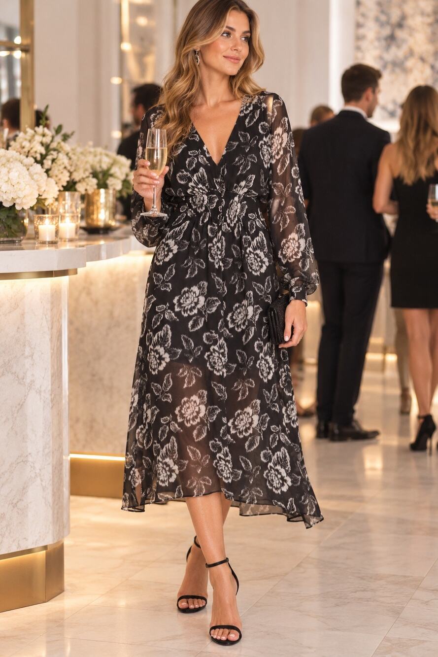 AllSaints Nichola Kasuri Floral Print Dress in Washed Black & White Chiffon Sx S